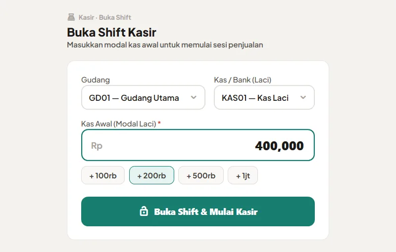Layar buka shift kasir
