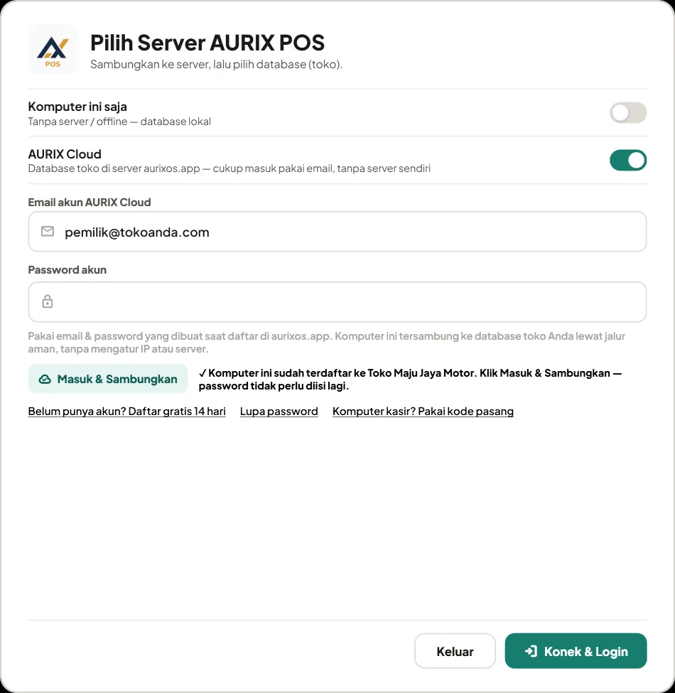 Layar Pilih Server yang menandakan komputer sudah terdaftar