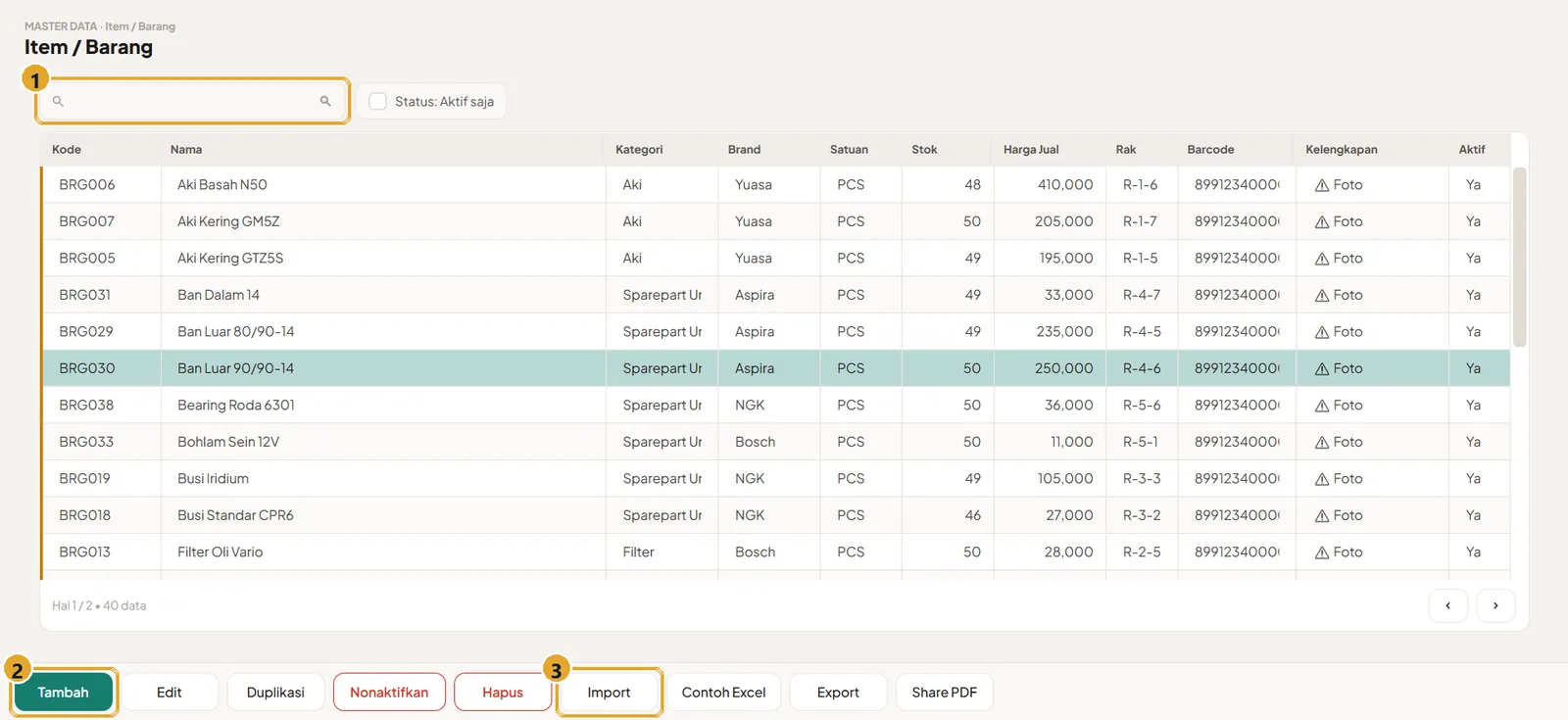 Daftar barang dengan tombol Import, Contoh Excel, Export