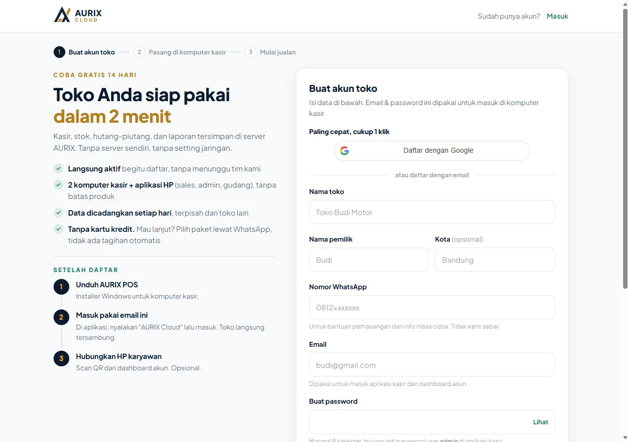 Halaman daftar akun AURIX Cloud