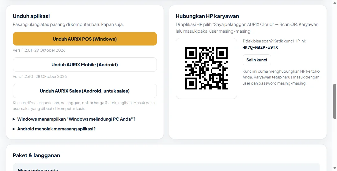QR dan kunci HP di dashboard