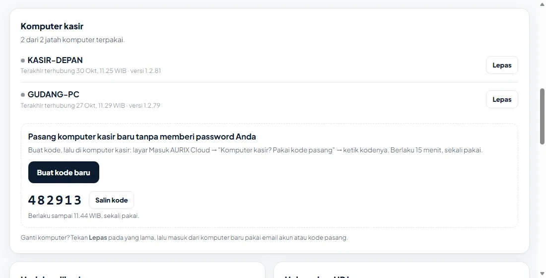 Bagian Komputer kasir di dashboard dengan kode pasang
