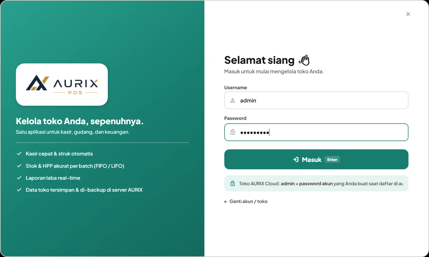 Layar masuk aplikasi AURIX POS