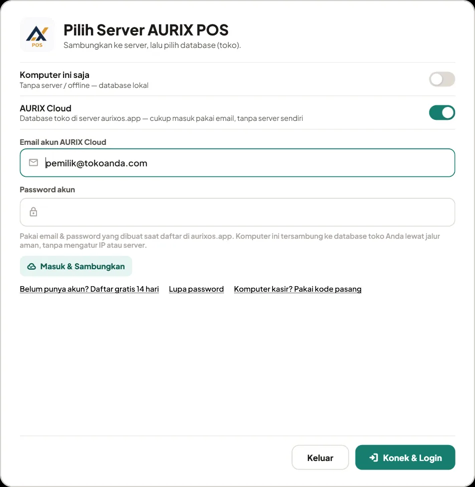 Layar Pilih Server dengan pilihan AURIX Cloud menyala