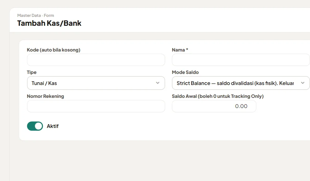 Formulir tambah akun kas/bank