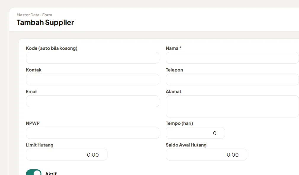 Formulir tambah supplier