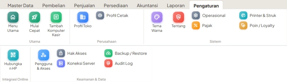 Pita menu modul Pengaturan
