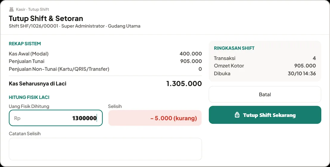 Jendela tutup shift dan setoran